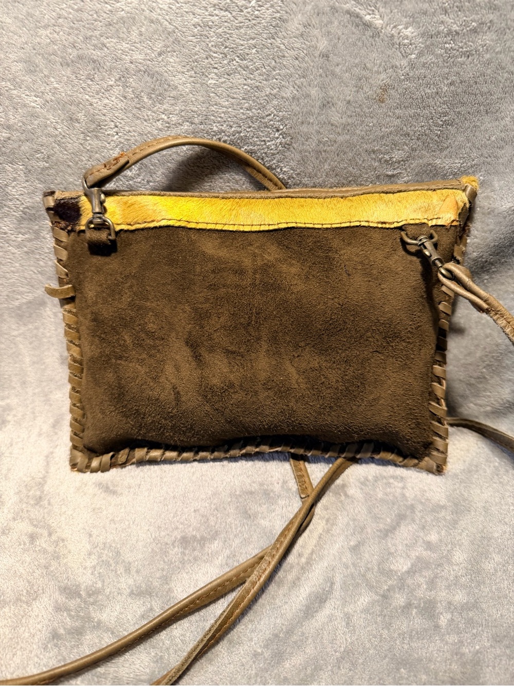 Handmade Genuine Hair On Cowhide Crossbody Bag w/ Whipstitch Trim - Picture 8 of 12